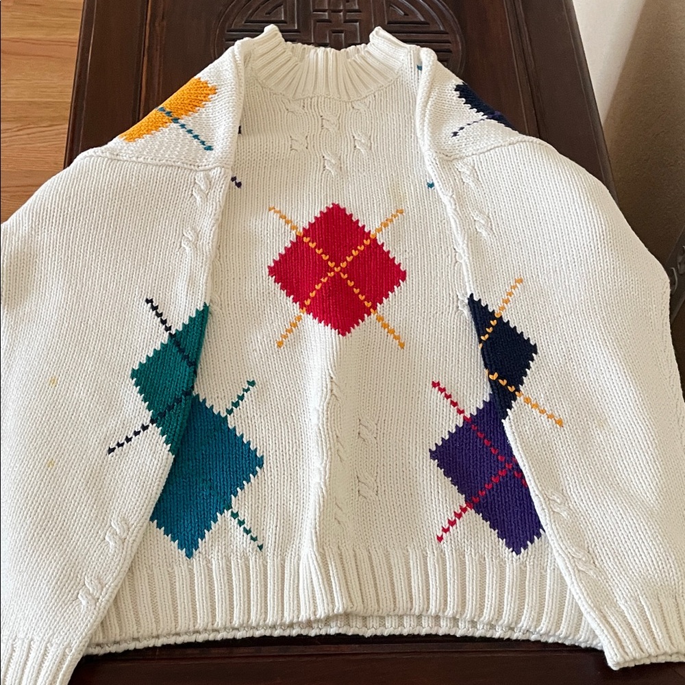 Izod Women's Sweater with Argyle Pattern in Red, Green, Blue, and Purple